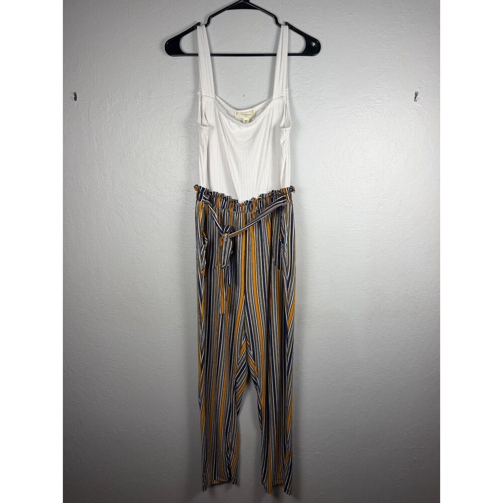 No Comment Women’s XL Striped Jumpsuit White Ribbed Tank Tie Waist Wide Leg